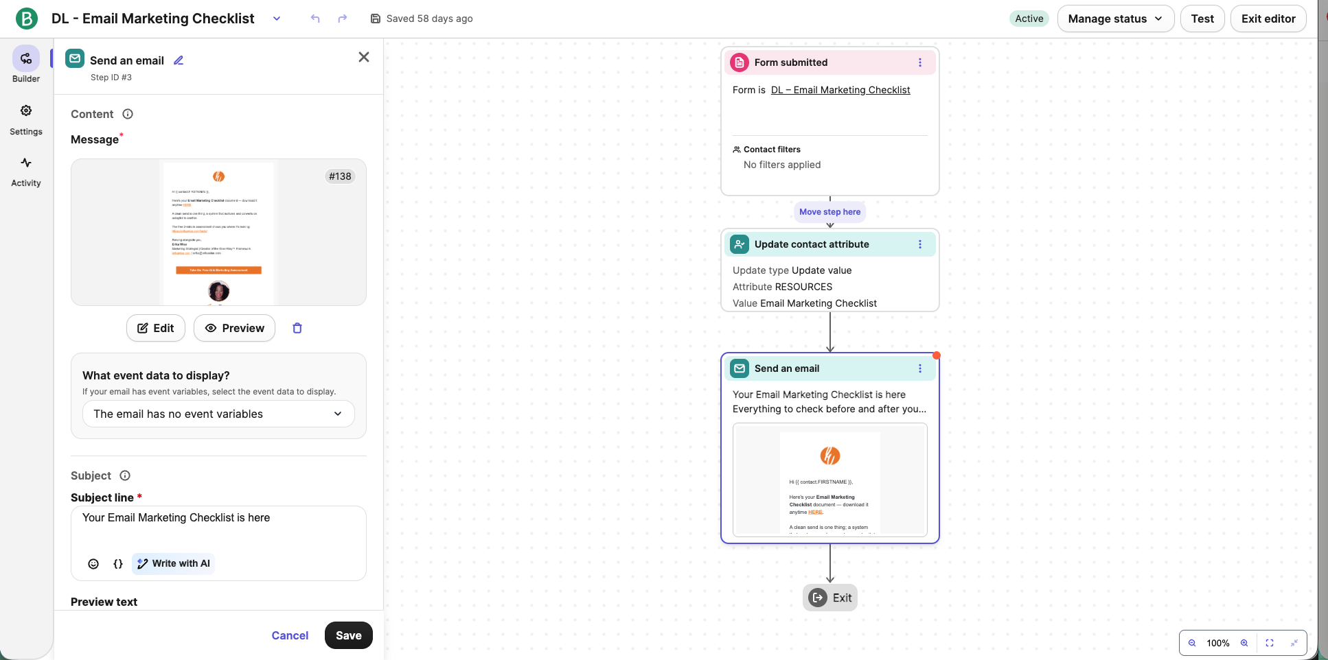 Email marketing automation workflow marked active