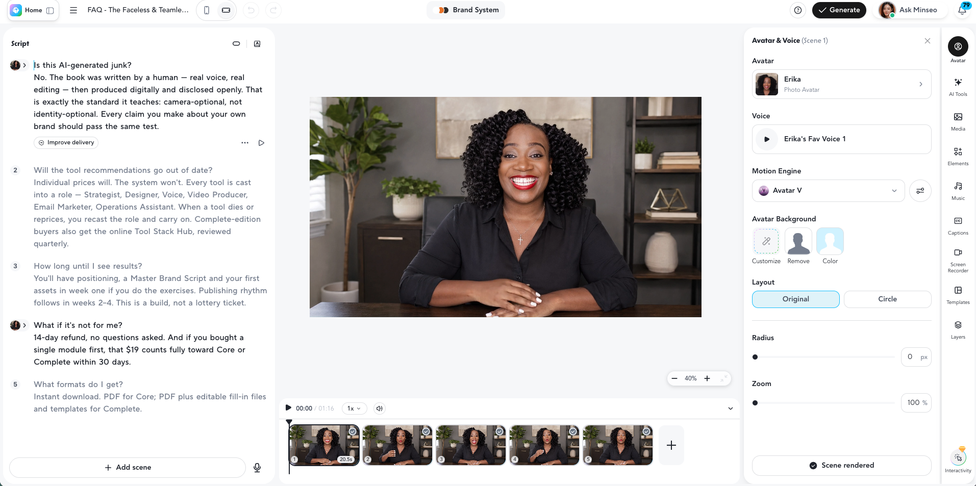 AI twin video editor with script and rendered scenes