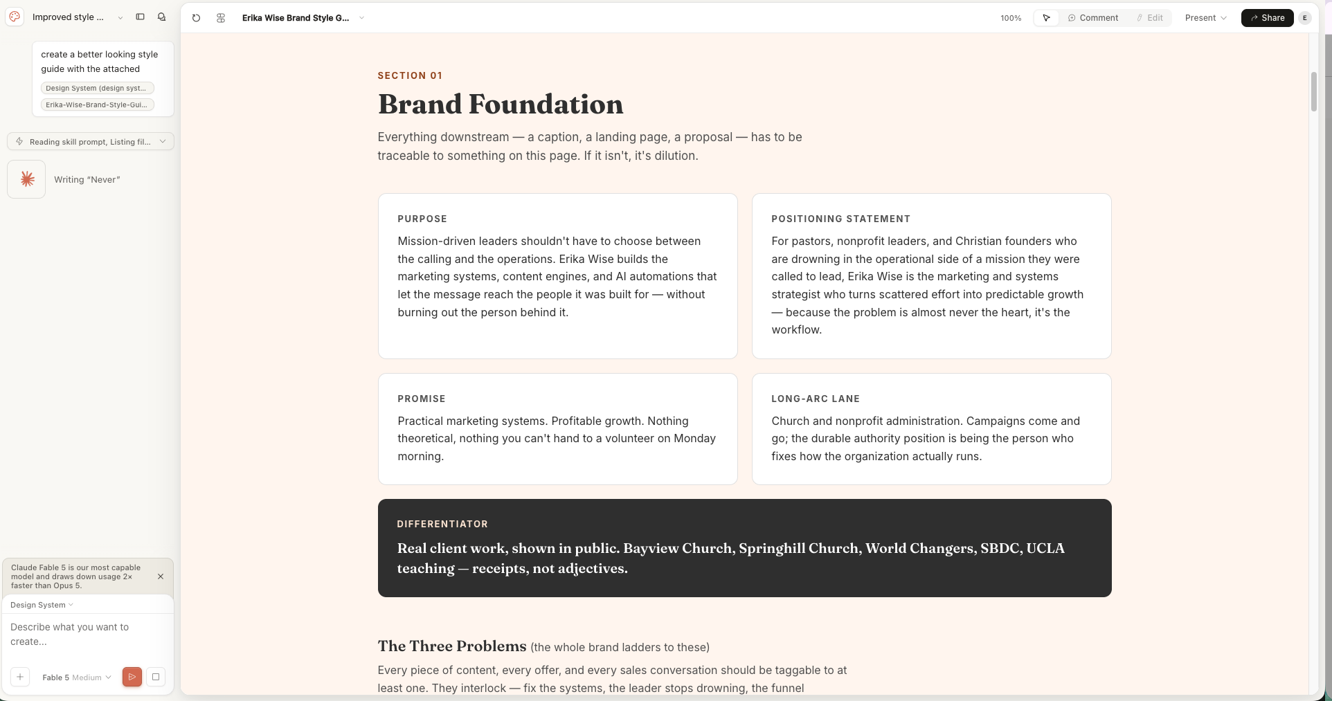 Brand foundation page of the author's working brand style guide
