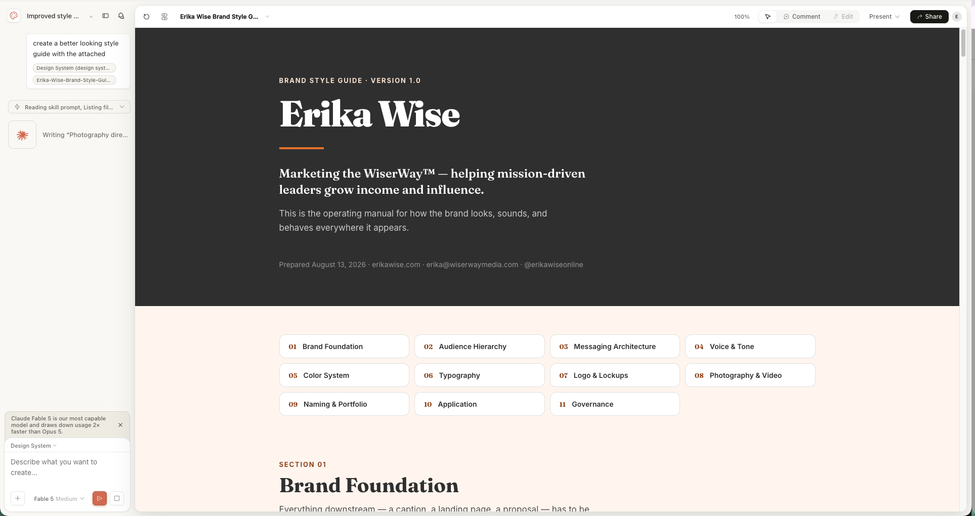 Cover and contents of the brand style guide identity system